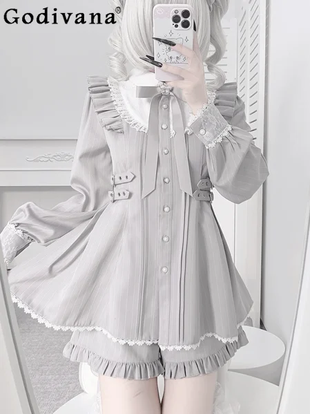 

Japanese Mine Bow Doll Collar Long-sleeved Dress Set Subculture Gothic Y2k Long-sleeved Top Shorts 2-piece Set Women's Outfit