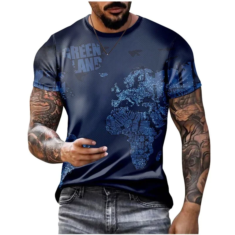 3D Printed World Map Graphic T-shirt Men's Summer Casual Short-sleeved Slim-fit Top T-shirt Oversized Loose T-shirt Street Wear