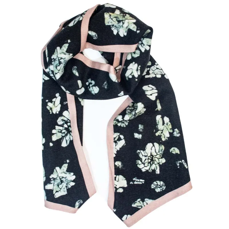 French Retro Ink Floral Wool Silk Blend Long Scarf Hand Roll Edge Reversible Neck Band Handbag Strap Gift For Her