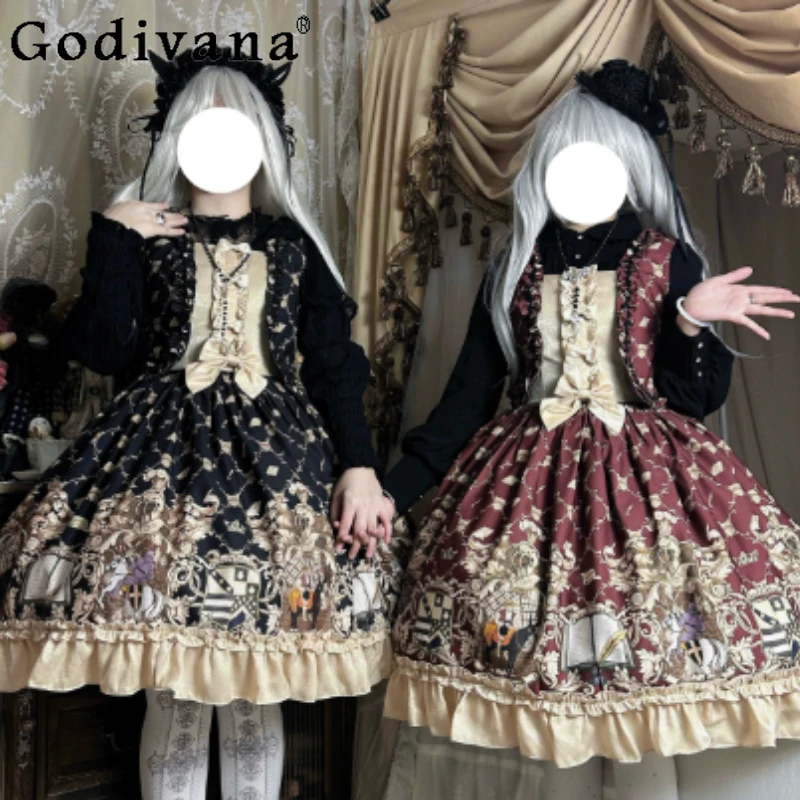 

Spring New Fake Two-piece JSK Lolita Print Dresses Fashion High Waist A-line Versatile Age-reducing Retro Girl Suspender Dress
