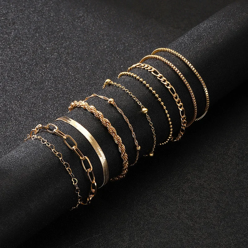 10 Pcs Vintage Statement Gold Color Flat Snake Chain Box Chain Bracelet Boho Multi-layer Metal Bracelet Women's Summer Jewelry image 3