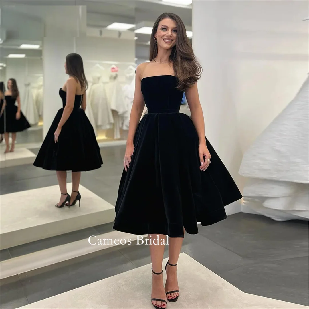 

SONDR Elegant Velvet Short Little Black Dresses 2024 Strapless Tea-Length A-Line Prom Gowns Simple Velour Midi Party Dresses