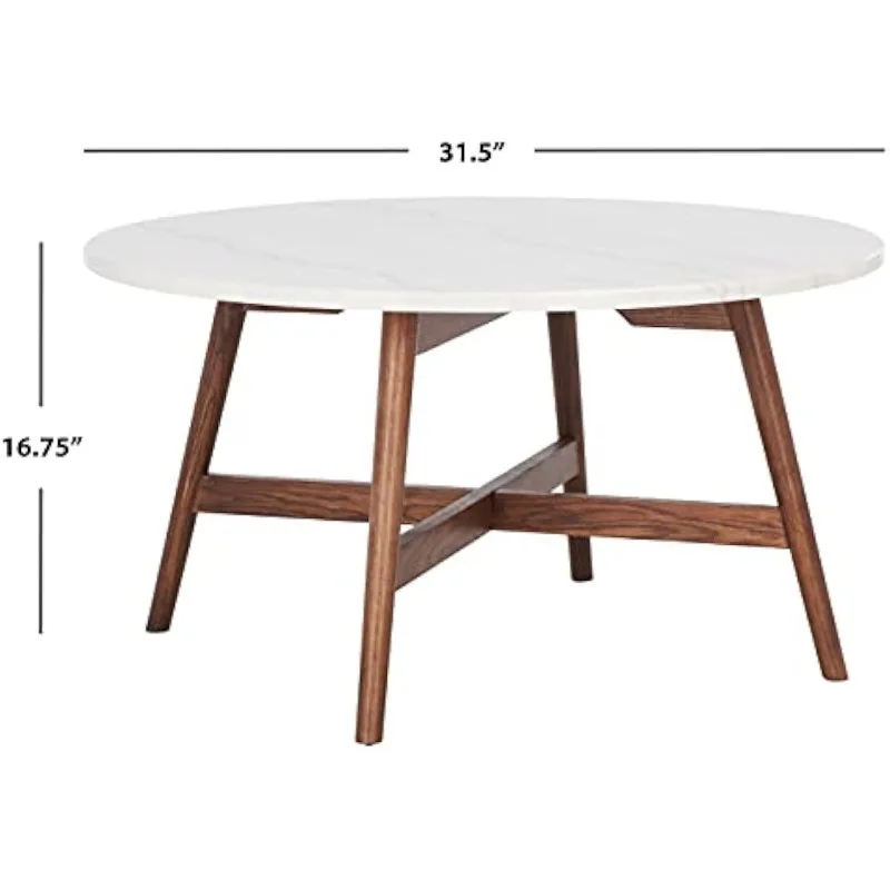 Marble/Walnut Brown Round Coffee Table Features Clean-lined Retro Legs in A Rich Walnut Finish and A White Marble Top