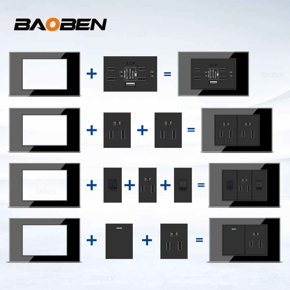 BAOBEN US EU Standard combinaison gratuite ordinateur USB Type C prise murale bricolage noir