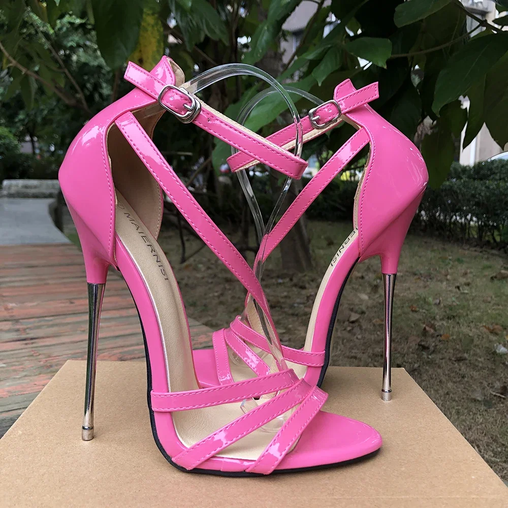 16cm Extreme Metal High Heels Sandals Women Sexy Pumps Man Fetish SM Ankle Strap Fetish Model Show Party Photograph Man Shoes