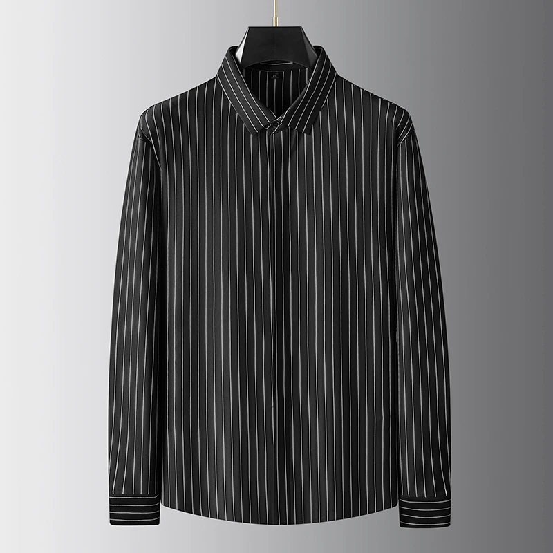 Plus Size 5XL 6XL 7XL High Elasticity Men's Dress Shirts Luxury Vertical Stripe Hidden Placket Business Casual Male Shirts