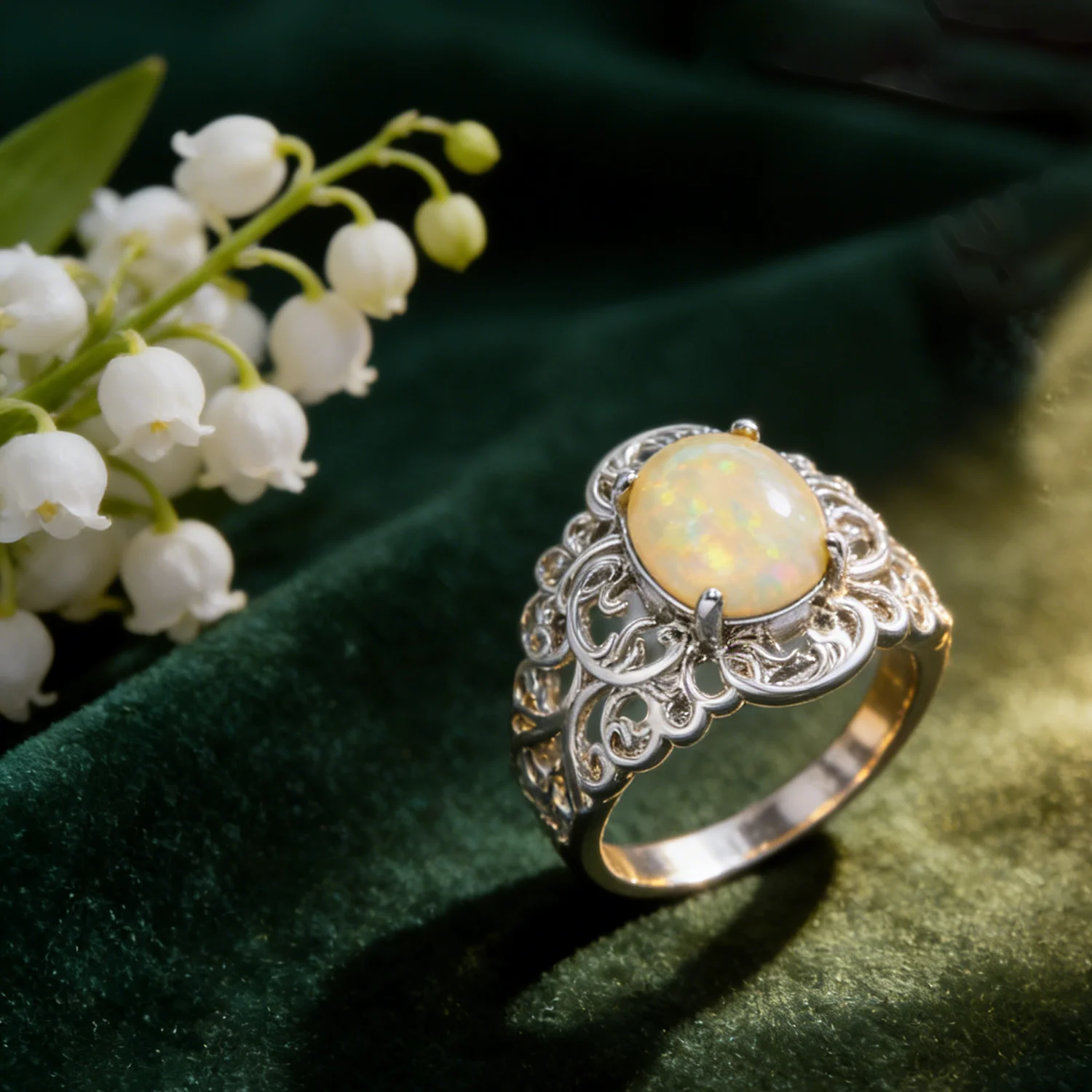 Celestial Dream Opal Ring,Vintage Inspired Floral Openwork Band & White Opal,Dainty & Elegant Jewelry,Unique Engagement Gift