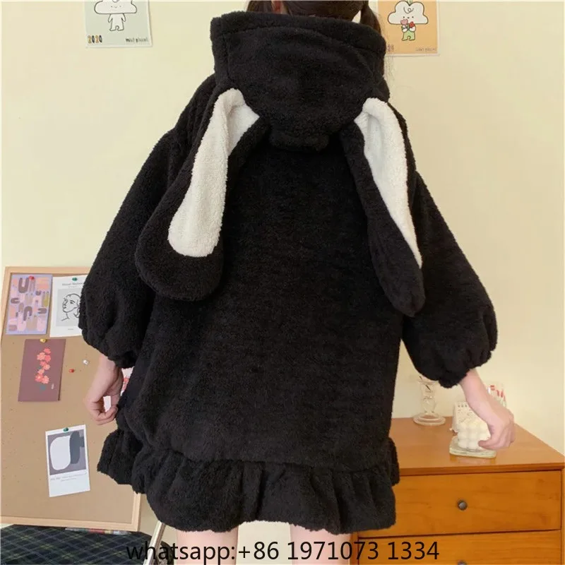 Winter Hoodies Warm Kawaii Rabbit Ears Women Sweatshirt Girl Lolita Hooded Zip-up Casual Sweatshirts Harajuku Hoodie Long Sleeve