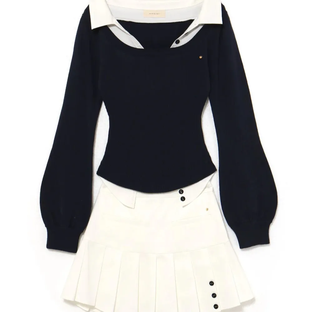 Japanese Style Faux Two-piece Colorblock Turn-down Collar Slim Basic Pullover Top Women High Waist Elegant Button Pleated Skirt