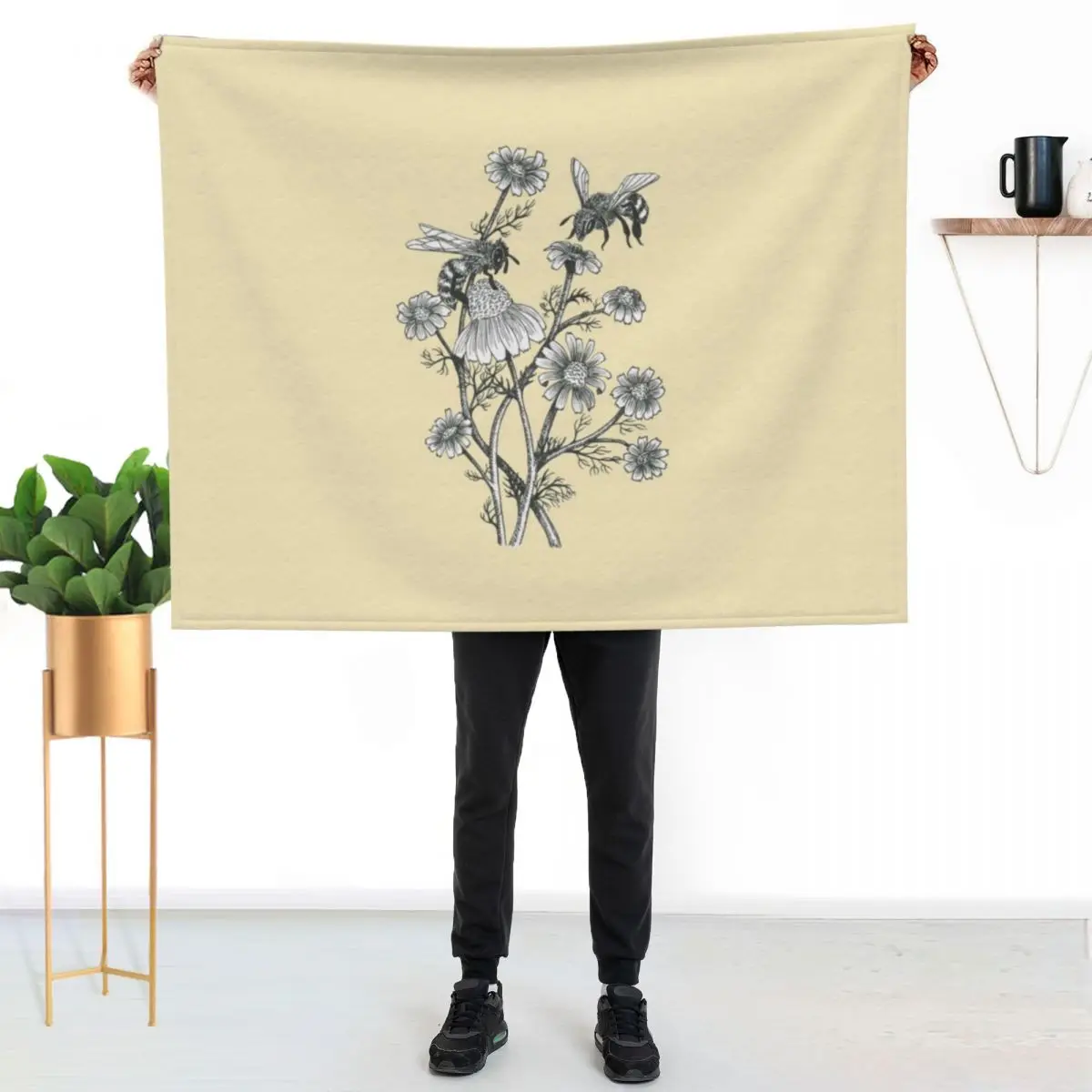 

bees and chamomile on honey background Throw Blanket Cozy Light Blanket for Travel Camping Picnic
