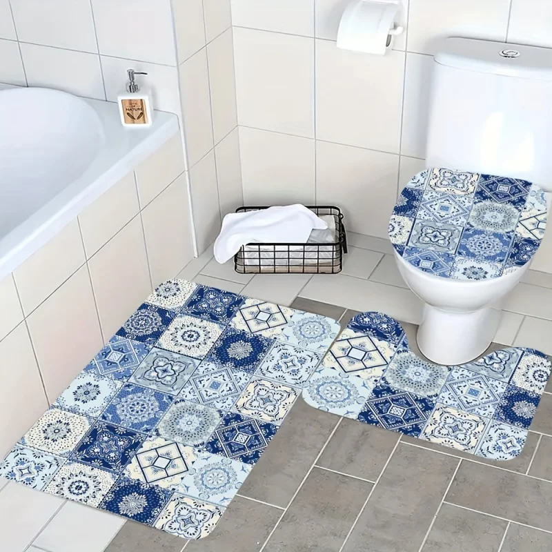 3-Piece Bathroom Rug with Skid-Resistant Backing, Knitted Polyester Bath Mat Set, Includes Toilet Lid , Tank Cover, and