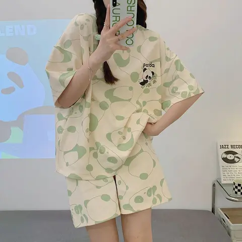 패스타임 여성용 루즈핏 파자마 반팔 반바지 세트 캐주얼 캐릭터 프린트 홈웨어 SE1585