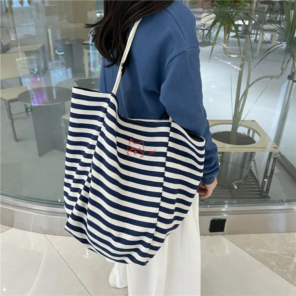 

Large Capacity Shoulder Bag New Striped Canvas Tote Bag Purse Women Girls