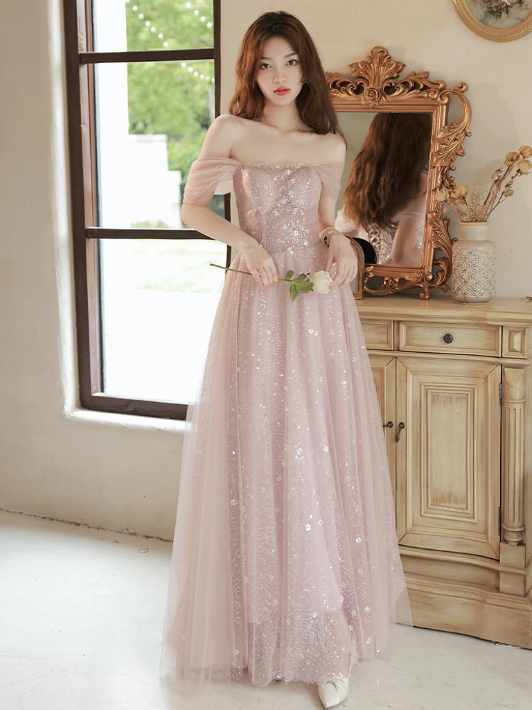 Pink Evening Dresses Applique A-line Tulle Sequined Off Shoulder Quinceanera Bridesmaid Gowns For Birthday Party Homecoming 2024