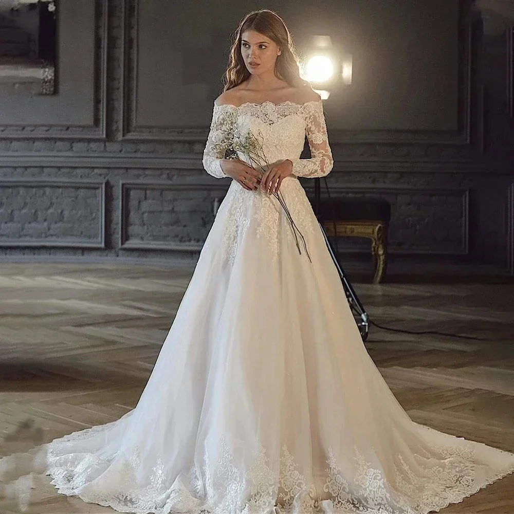 

Luxury Off Shoulder Wedding Dresses Long Sleeves Appliques Button Back Princess A-line Bridal Gown Vestido de novia