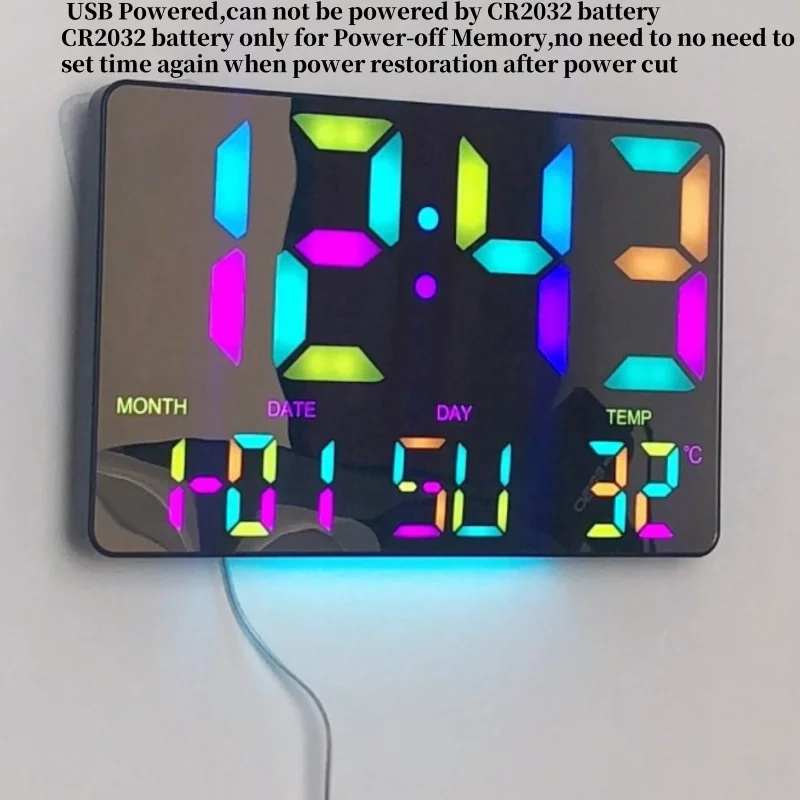 RGB Colorful Digital Remote Control Wall Clock TEMP Date Week Night Light Auto-dimming Dual Alarm 12/24H Snooze LED Table Clock