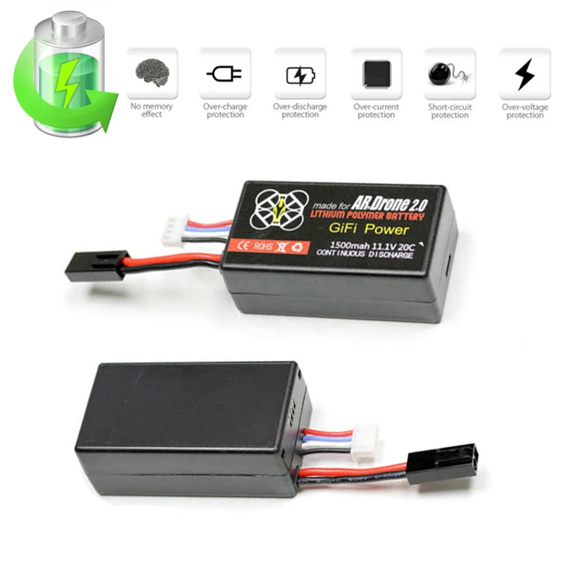 2pcs 11.1V 1500mAh 20C Recyclable High Power LiPo Battery Designed for Parrot AR.Drone 2.0&1.0 Quadcopter Long Flight Time