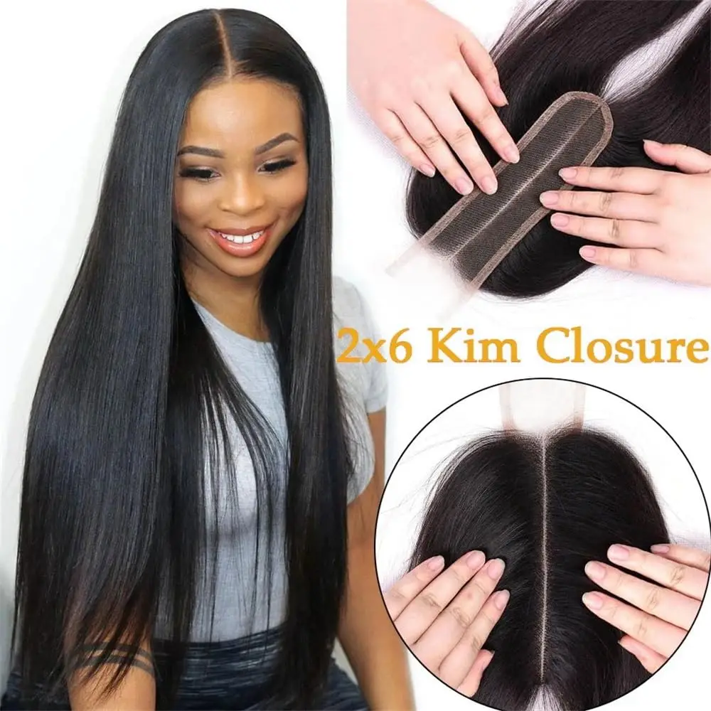Capelli umani al 100% 2x6 Kim K Chiusura in pizzo Pre-pizzicato Parte libera in pizzo trasparente 10-22 pollici Capelli indiani morbidi e lisci QBeauty