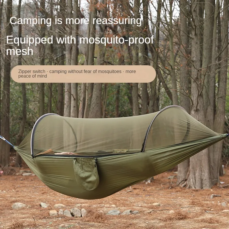 Outdoor Camping Anti Roll Nylon Hammock With Mosquito Net Automatic Quick Opening Brace Mosquito Bill Double Hammock