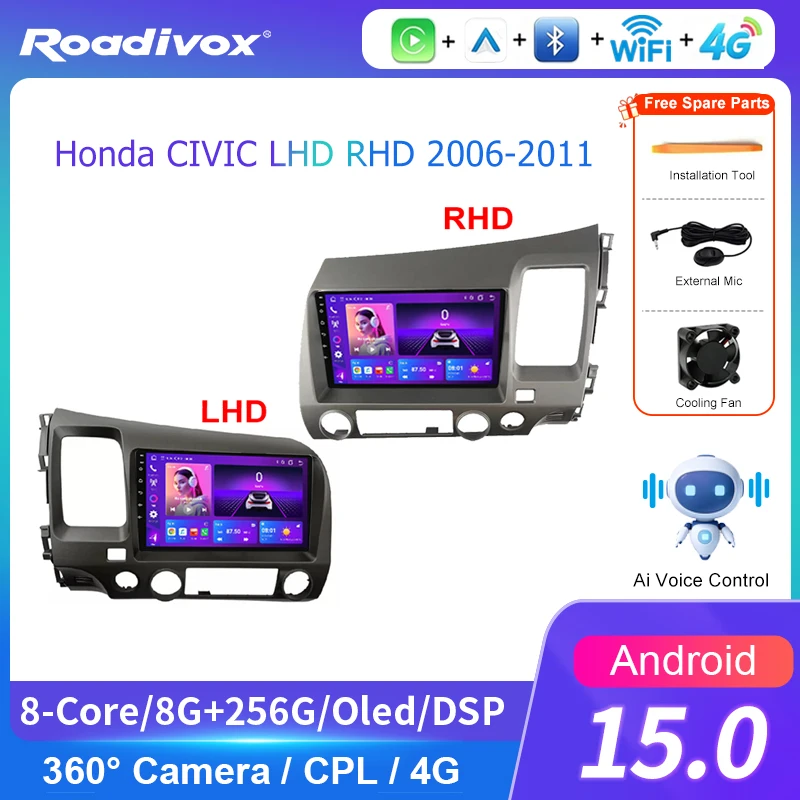 AI VOICE roadivox Android car radio for Honda Civic 9 LHD RHD 2011 2015 stereo GPS Navigation video Multimedia Player tape