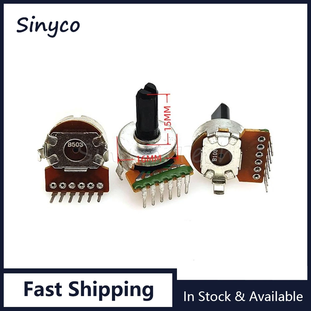 3PCS 161 Double Potentiometer B10K B20K B50K B100K Audio Amplifier Volume Adjuster Switch Vertical 6Pin Half Shaft Length 15mm