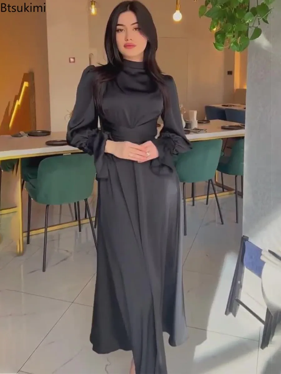 2025Spring New Satin Evening Dresses Women Elegant Lace Up Lantern Sleeve Maxi Dress Fashion Party Vestidos Dubai Arab Long Robe