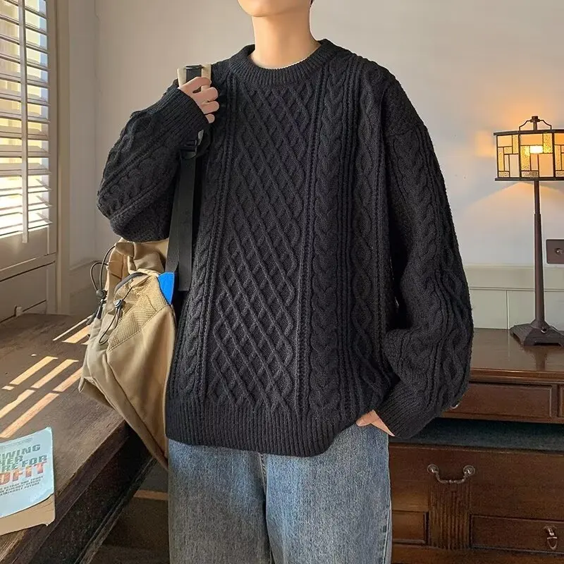 남성용 두꺼운 라운드 넥 니트 스웨터 가을 겨울 따뜻한 캐주얼 스타일 폴리에스터 섬유 긴팔 패셔너블 니트웨어