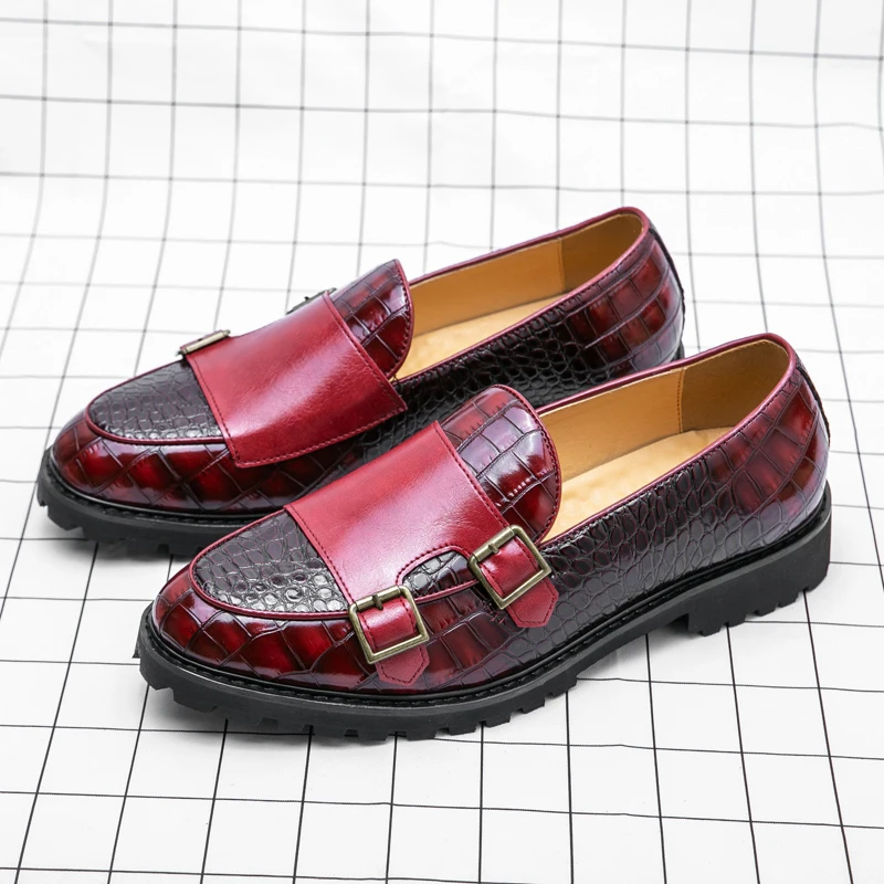 

Classic Red Monk Strap Shoes Men Loafers Plus Size 38-48 Comfortable Slip-On Men's Casual Leather Shoes Flat Dress Shoes for Men