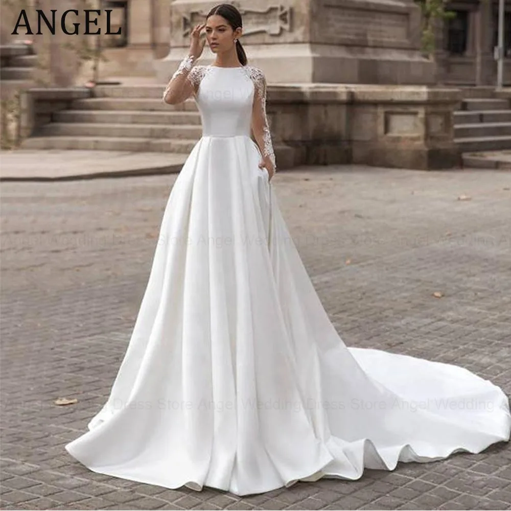 

ANGEL Elegant Satin Wedding Dresses Lace Long Sleeve Scoop Neck Bride Gowns Illusion Covered Back Sweep Train Vestido de novia