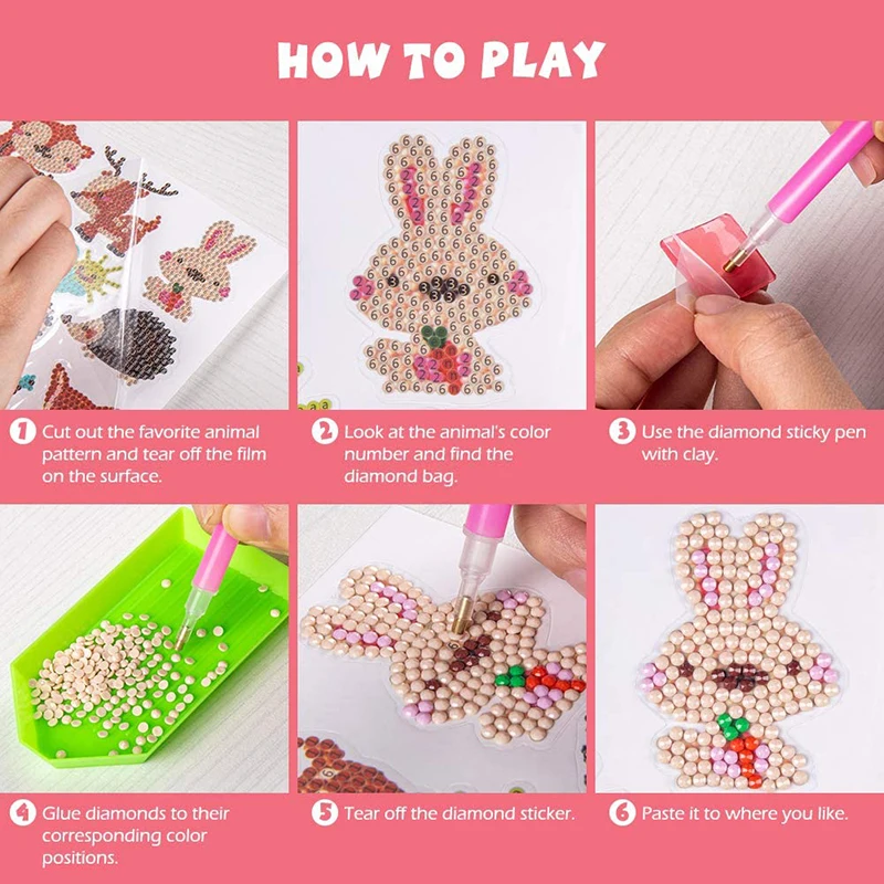 Kit de peinture diamant bricolage pour enfants, autocollants animaux de dessin animé, jouet de puzzle en cristal, peinture par numéros, cadeaux