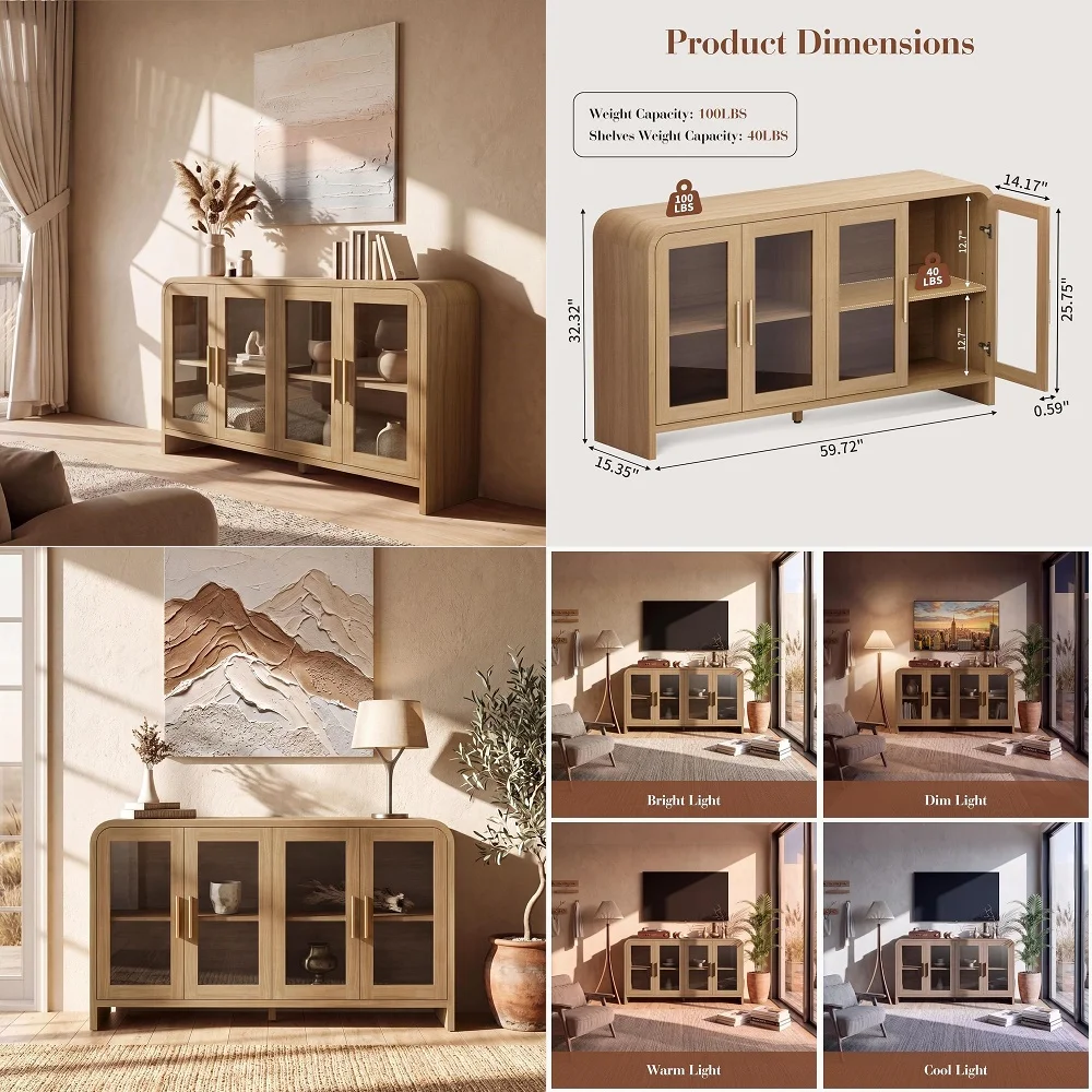 

Buffet Storage Cabinet, 59.7 Modern Sideboard with 4 Glass Doors amp Adjustable Shelves, Wood Coffee Bar Console Table, Kitchen