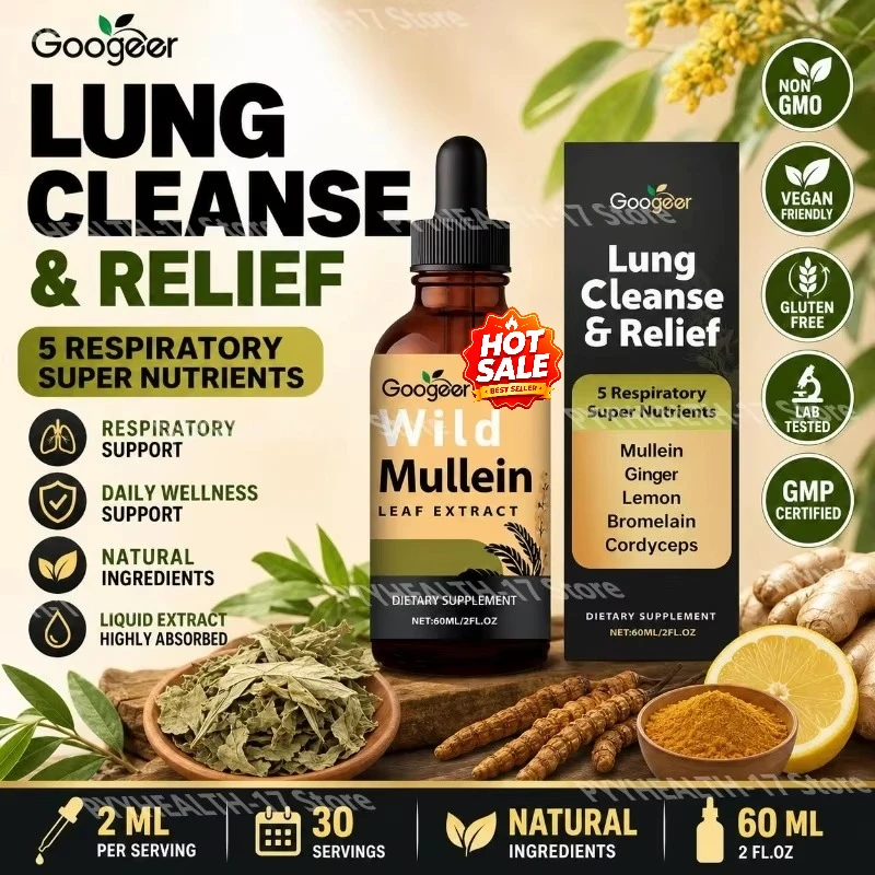 Googeer Wild Mullein Leaf Extract Liquid Respiratory Support Ginger Lemon Peel Extract Bromelain and Cordyceps Extract 60 ML