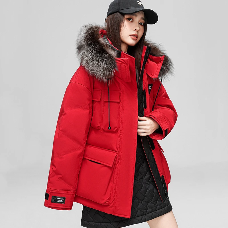 الأبيض بطة أسفل المرأة مقنعين الدافئة الثعلب الفراء طوق المرأة أسفل سترة 2025 شتاء جديد جودة عالية أسفل سترة موضة باركر H764 #1