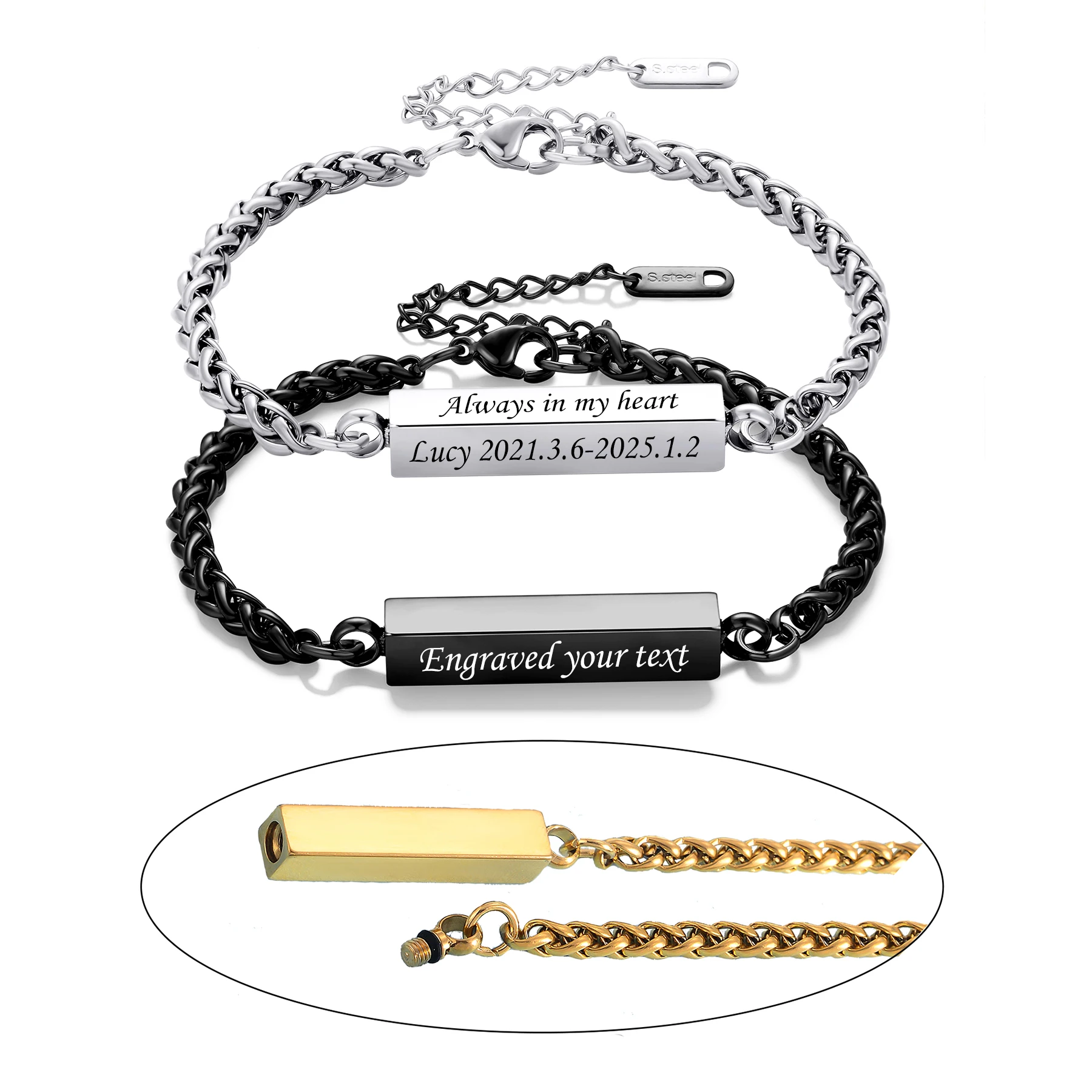 Engraved Stainless Steel Urn Bracelet for Ashes Customize Name Text Words Memorial Cremation Bangle Personalized Gift