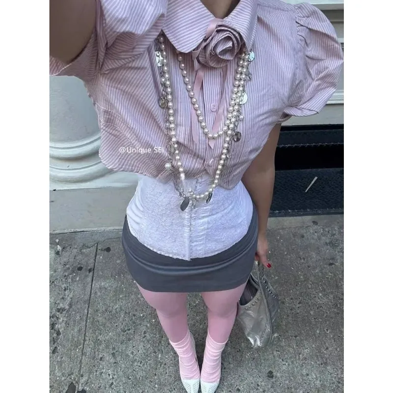 FallenVex Store Japanese Harajuku Retro Rose Patch Collar Short Puff Sleeve Cropped Shirt Slim Fit Summer High Waist Blouse Top