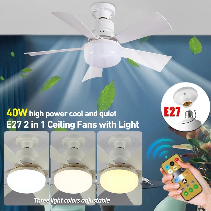 

40W Fan Light Silent Ceiling Fan with Light and Remote Control Dimming Energy-saving E27 Fan with LED Lamp for Bathroom Bedroom