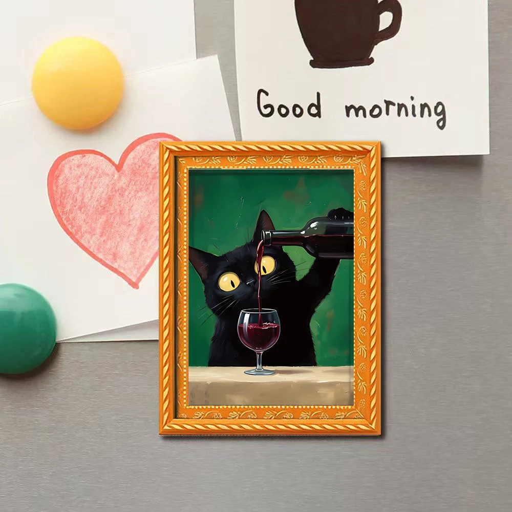 Image of 1 Stück Retro-Kühlschrankmagnet mit Weinmotiv und schwarzer Katze, Vintage-Taverne-Stil Katzen-Kunstmagnet, dekorativer Magnetaufkleber für Kühlschrank, Aufbewahrungsschrank, Whiteboard, kreatives und
