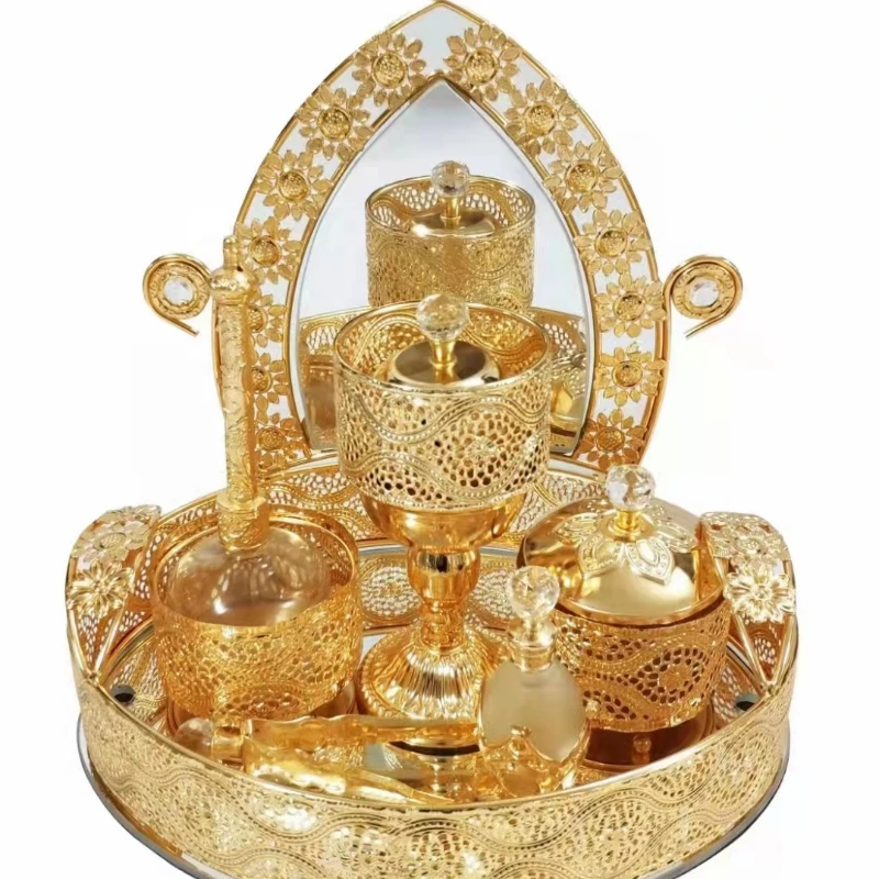 Wholesale Home Decorative  Metal Essential Oil and Backflow Incense Burner Diffuser Gold Decor Craft Set with Mirror Tray