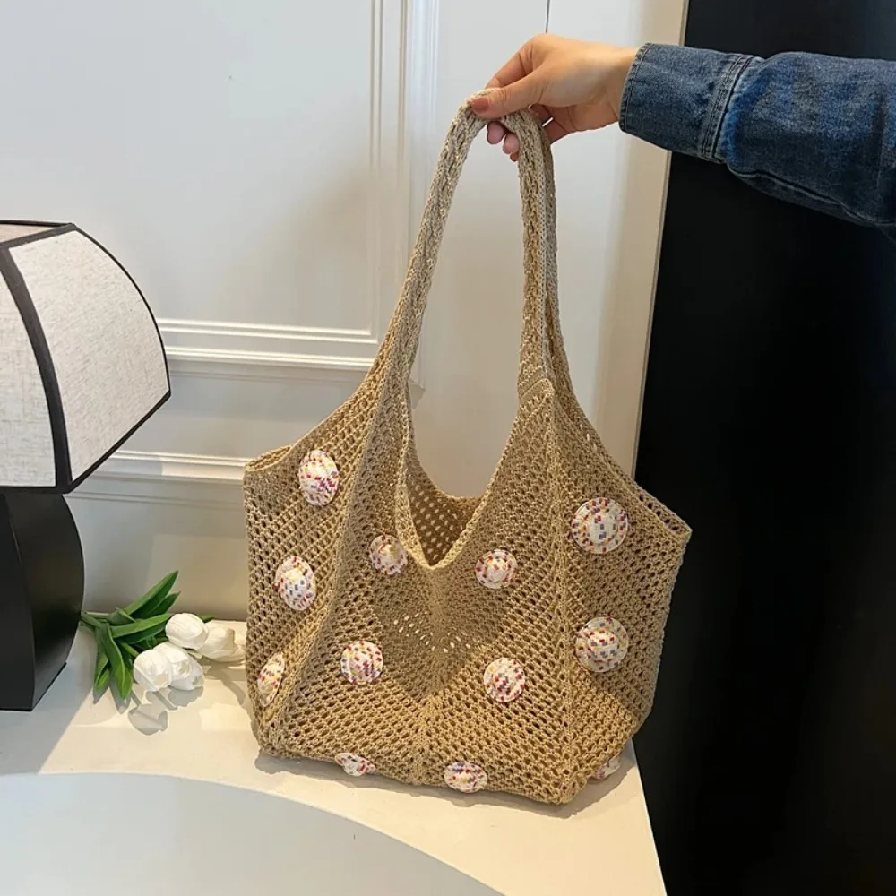 

Simple Sweet Woven Beach Bag Large Capacity Lazy Style Crochet Shoulder Bag Hollow Out Soft Shopping Bag Girls