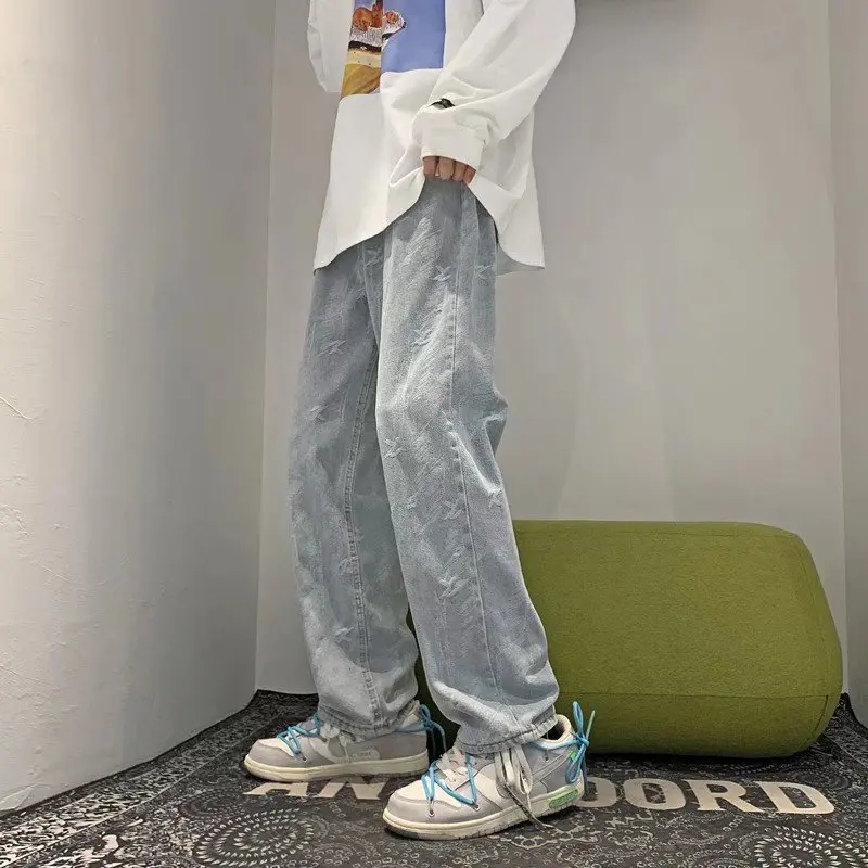 

Модные джинсовые джинсы с вышивкой High Street, мужские прямые свободные студенческие джинсы в стиле американского уличного хип-хопа, широкие повседневные длинные брюки