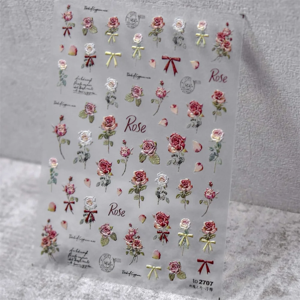 1pcs 5D Relief Japanese Red Rose Nail Art Kawaii Stickers Exquisite Kawaii Flower Self Adhesive Nail Decorations Slider Decals