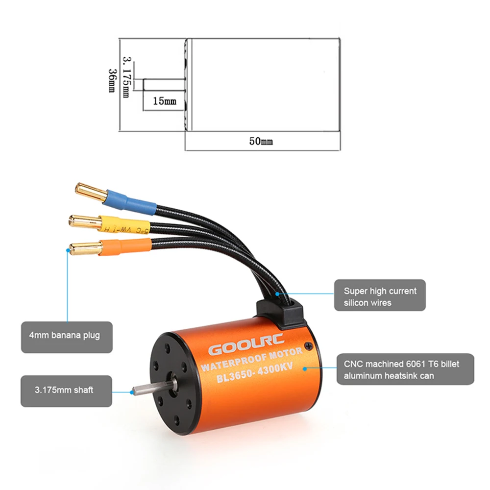 GoolRC Upgrade Waterproof 3650 4300KV Brushless Motor with 60A ESC Combo Set for 1/10 RC Car Truck