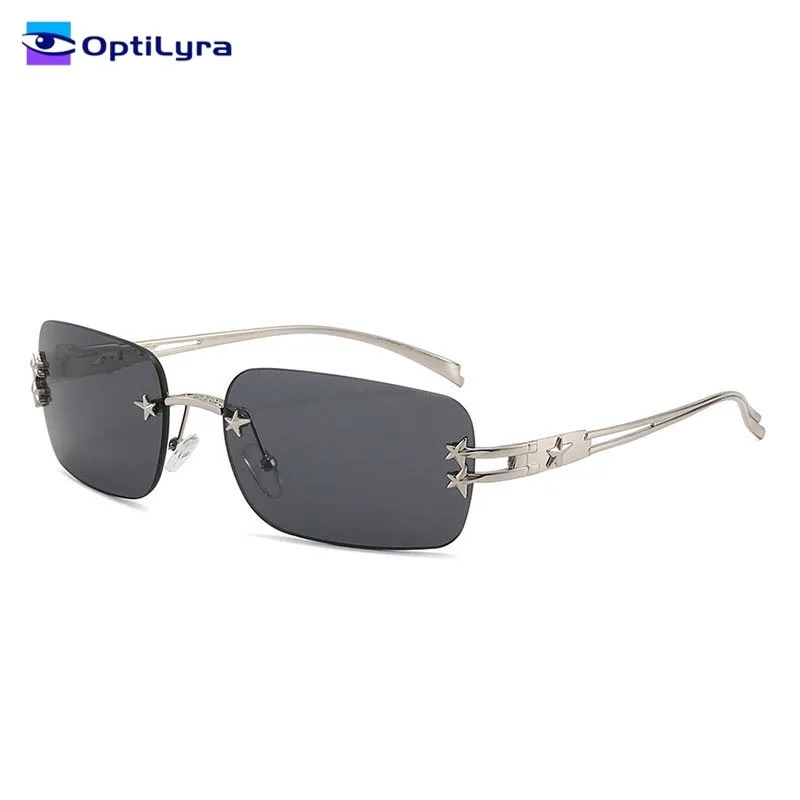 

OptiLyra Brand Rectangular Metal Rimless Sunglasses With Star Decorations Stylish And Popular Women's Sunglasses