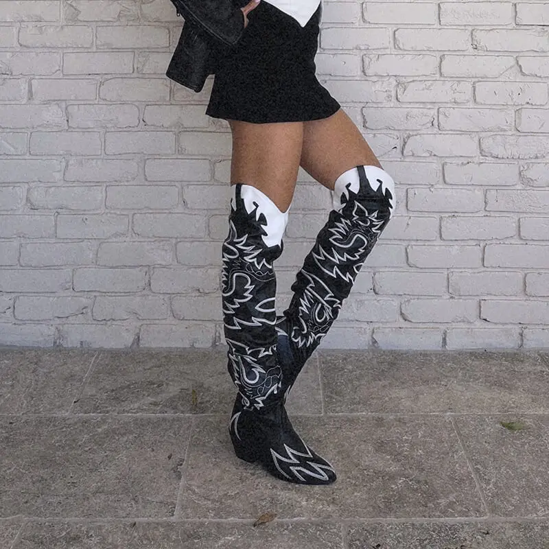 Onlymaker Woman Knee High Boots Western Cowboy Boots Wide Calf Embroidered Women Pointed Toe Block Heel Pull-On Cowgirl Boots