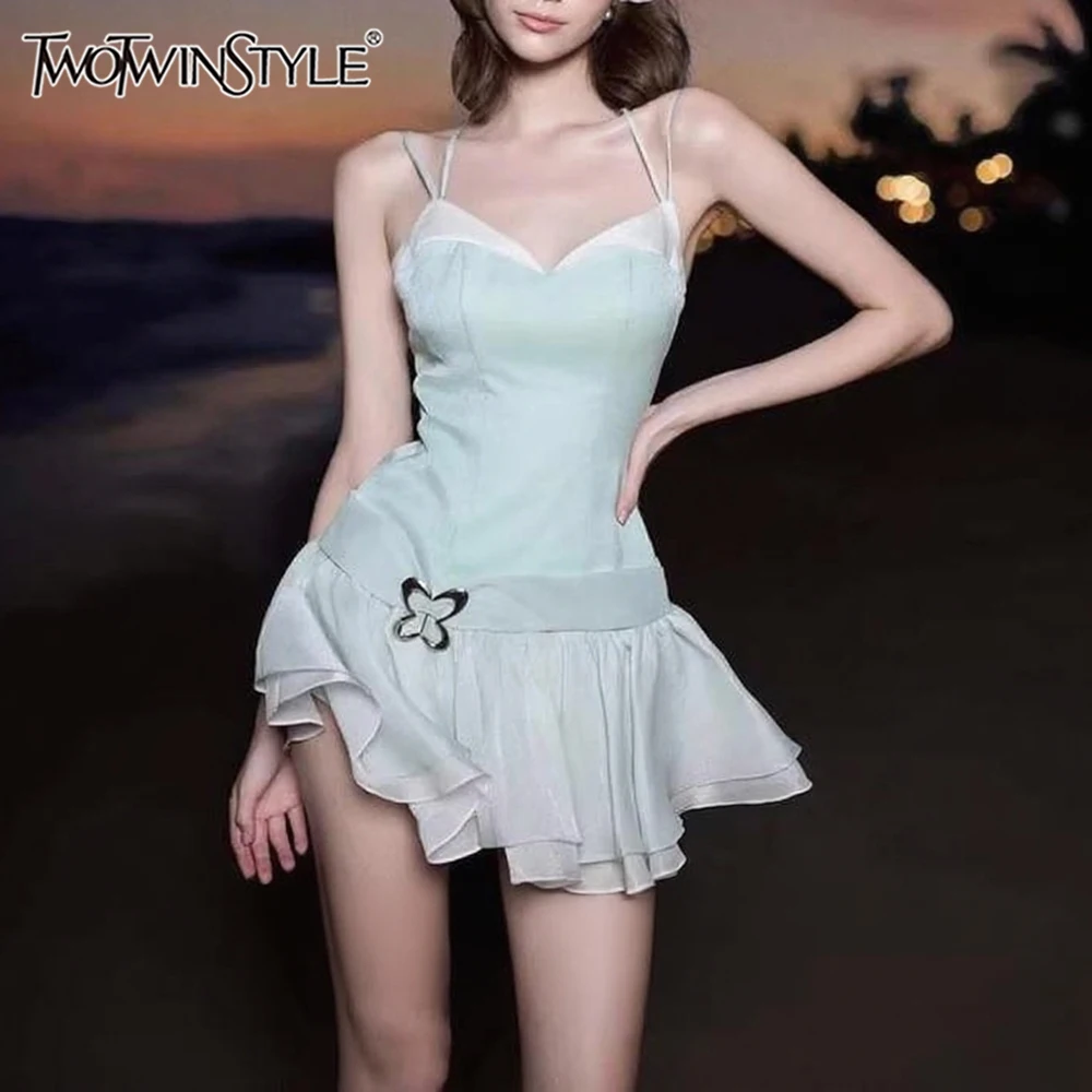 

TWOTWINSTYLE хит цвета, милые платья со складками и оборками для женщин, лоскутное платье без рукавов с v-образным вырезом и блестками, женская одежда