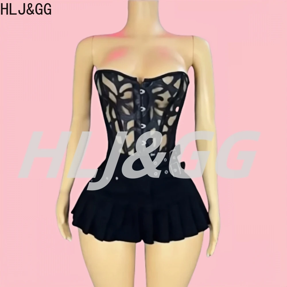 

HLJ&GG Black Gothic Sexy Hollow Out Corset Two Piece Sets Women Off Shoulder Slim Top And Pleated Mini Skirts Outfits Streetwear