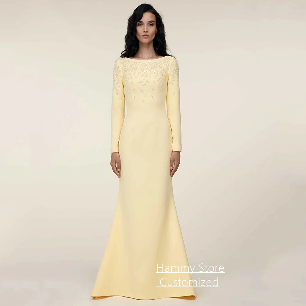 

Customized Prom Dress Mermaid Modest Scoop Neck Full Sleeve Beading Sequined Sweep Train Evening Gown Formal Dresses