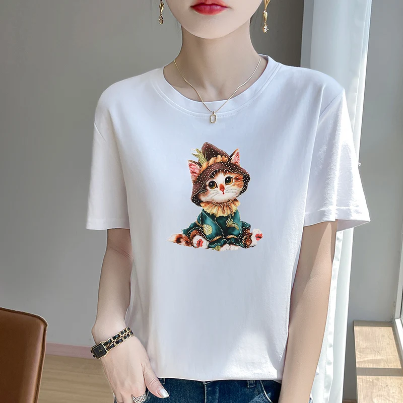 

Summer New Fashion Short-Sleeved Women's Rhinestone T-shirt The Long 100% Cotton Cat Print Loose Top