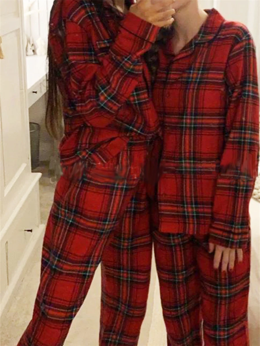 Women Christmas 2 Piece Pajamas Set Plaid Printed Long Sleeve Button Down Shirt and Pants Lounge Sleepwear