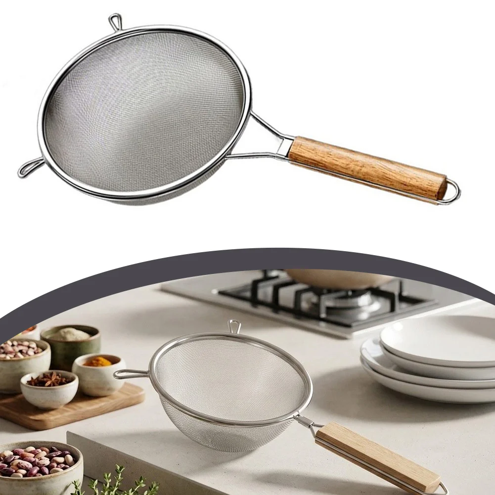 Stainless Steel Strainer with 304 Grade Material and Natural Wood Handle for Long Lasting For Kitchen Performance